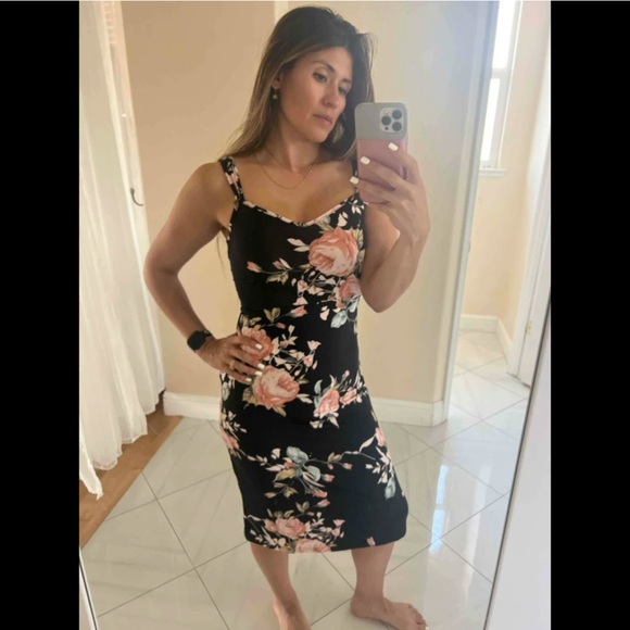 Black Floral Pencil Midi Dress Slim Sheath - Picture 12 of 15